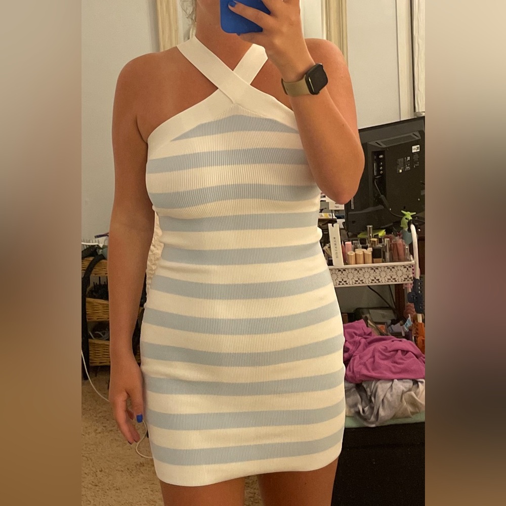 Aritiza Babaton Ribbed Blue and White Stripped Criss Cross Dress